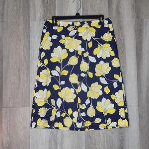 🛍Talbots Womens 4‎ Navy Yellow Floral A Line Side Zip Lined Skirt Cotton Spring